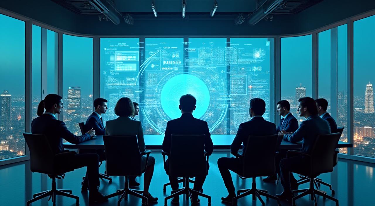 Data scientists discussing AI strategy in a high-tech corporate boardroom