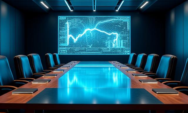 Executive boardroom with digital AI overlays