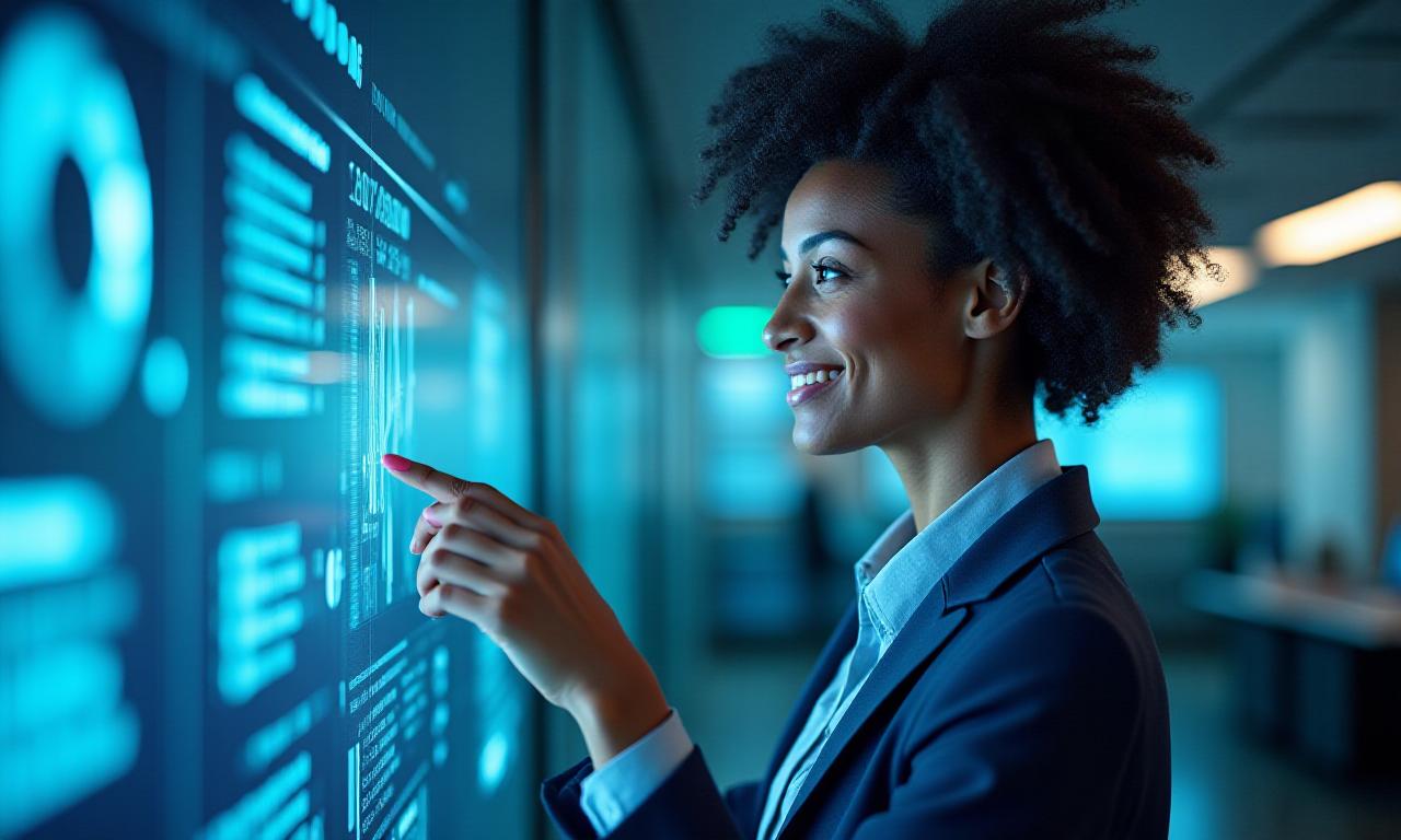 A professional sitting at a desk interacting with a futuristic digital interface showing automated data flows